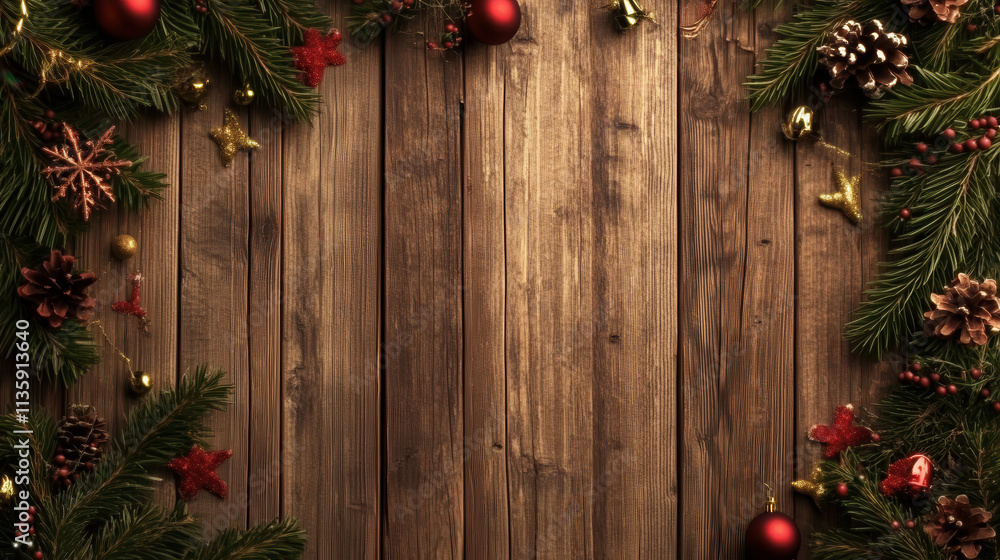 There are pine branches and Christmas balls on the yellow brown wooden board There are pine branches and Christmas balls on the yellow brown wooden board