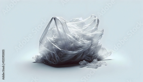 Plastic A transparent crumpled plastic bag in an upright position, resembling a loose pile, with scattered w4 photo