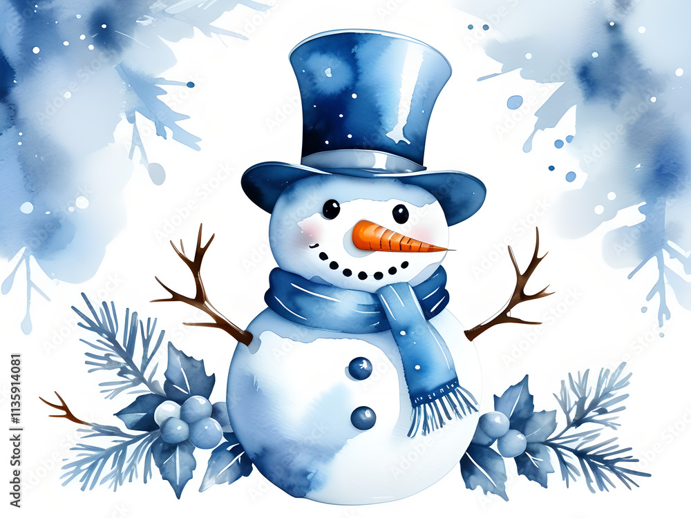 Elegant Blue & Silver Snowman: Watercolor Clip Art with Cozy Lighting on Flat White Background Elegant Blue & Silver Snowman: Watercolor Clip Art with Cozy Lighting on Flat White Background