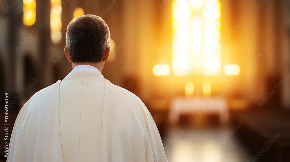Serene moment captured of clergy member in church, by soft sunlight through stained glass. Serene moment captured of clergy member in church, by soft sunlight through stained glass.