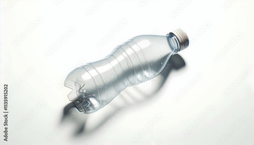 Plastic A single empty plastic bottle with a missing cap, slightly squashed and positioned diagonally, isola3 Plastic A single empty plastic bottle with a missing cap, slightly squashed and positioned diagonally, isola3