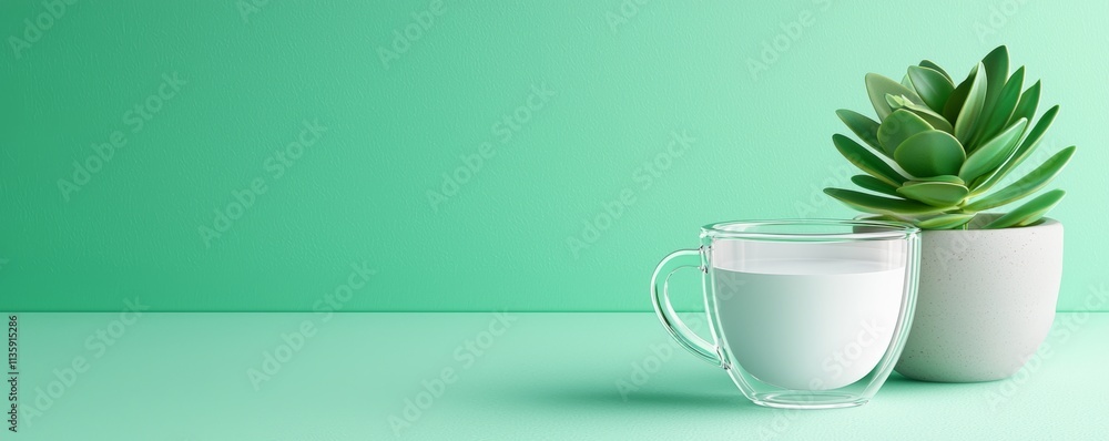 A serene image featuring a glass cup of milk next to a green succulent plant, set against a soft mint background. A serene image featuring a glass cup of milk next to a green succulent plant, set against a soft mint background.