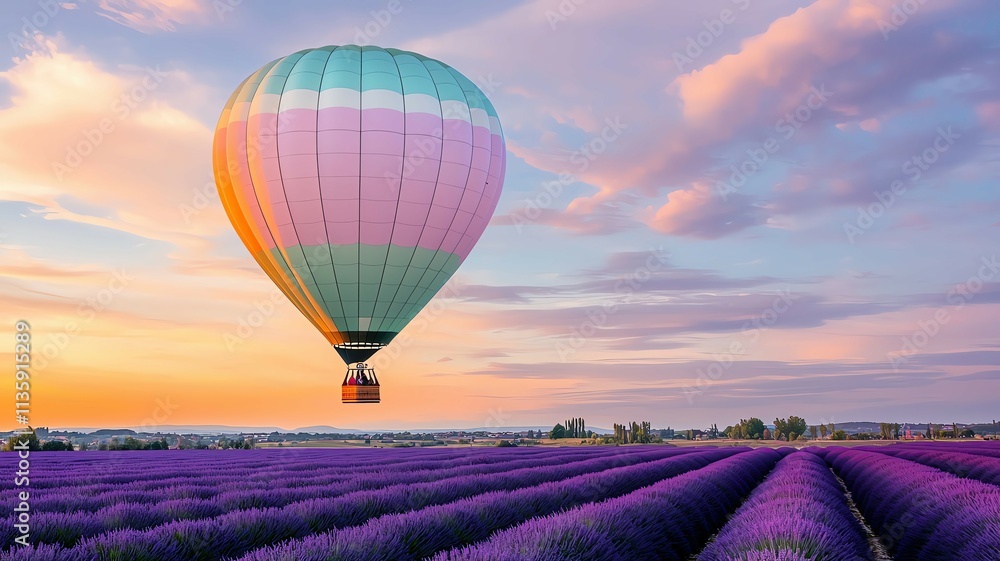 Fototapeta premium Hot air balloon over lavender field at sunrise with hot air balloon floating in the sky and scenic hot air balloon view ,romantic balloon ride over lavender ,hot air balloon travel sunrise