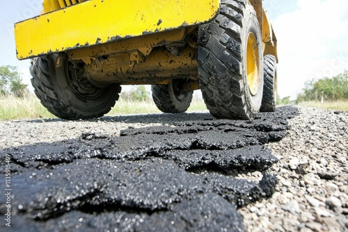 Heavy machinery working on a gravel road, creating layers of asphalt for road construction and repair photo