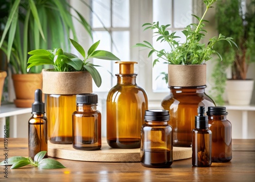 Aesthetic Arrangement of Amber Glass Bottles and Jars with Minimalist Labels on a Table Surrounded by Lush Potted Plants, Highlighting Branding Opportunities and Natural Elements