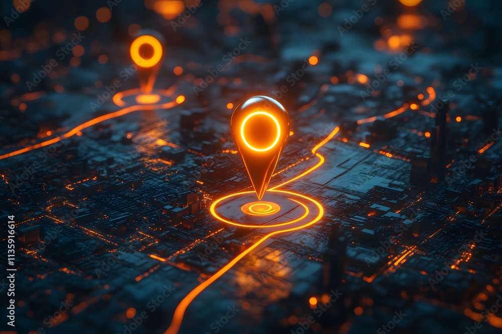 A digital map displaying a location with two pins set, representing AI technology in GPS, innovation in delivery services, and map location for future transport logistics A digital map displaying a location with two pins set, representing AI technology in GPS, innovation in delivery services, and map location for future transport logistics