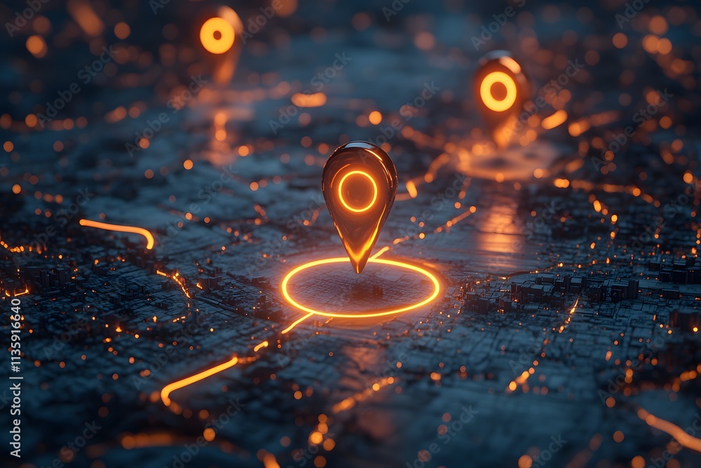 A digital map displaying a location with two pins set, representing AI technology in GPS, innovation in delivery services, and map location for future transport logistics A digital map displaying a location with two pins set, representing AI technology in GPS, innovation in delivery services, and map location for future transport logistics