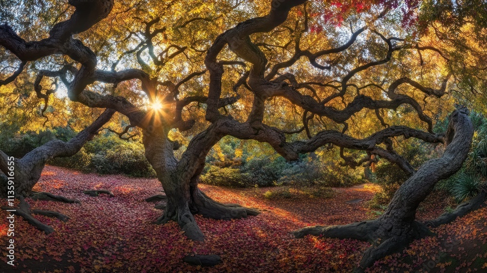 Naklejka premium Majestic autumn trees with vibrant foliage and sunlight.