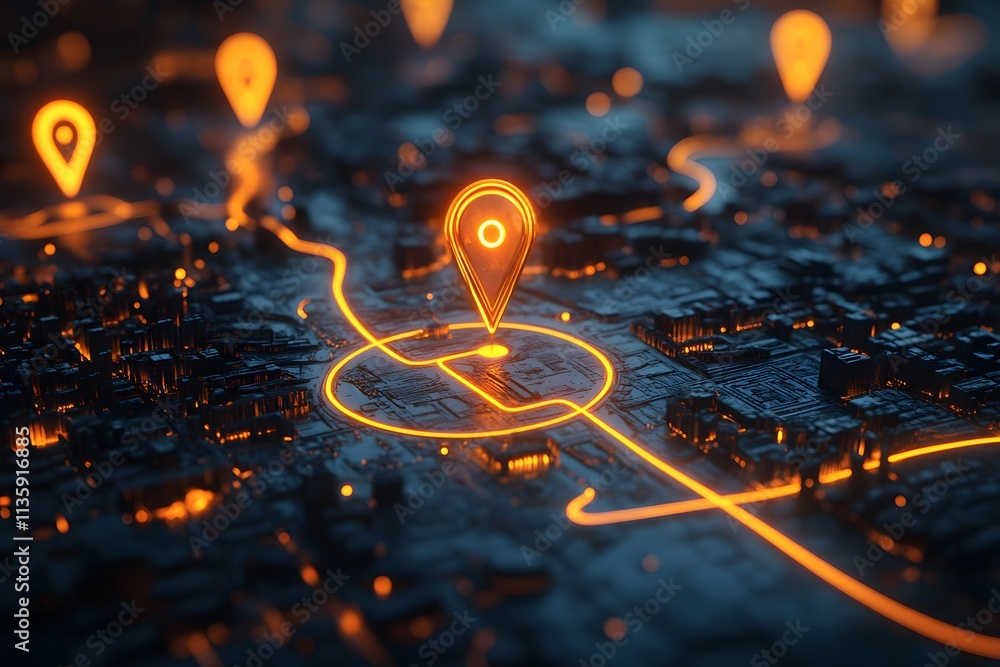 A digital map displaying a location with two pins set, representing AI technology in GPS, innovation in delivery services, and map location for future transport logistics A digital map displaying a location with two pins set, representing AI technology in GPS, innovation in delivery services, and map location for future transport logistics