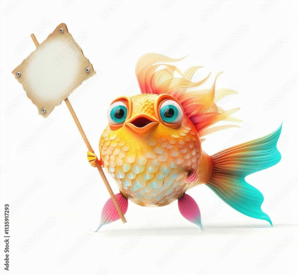 Naklejka premium Bright tropical fish with a blank sign, perfect for tropical-themed announcements, marine events, or exotic travel promos.