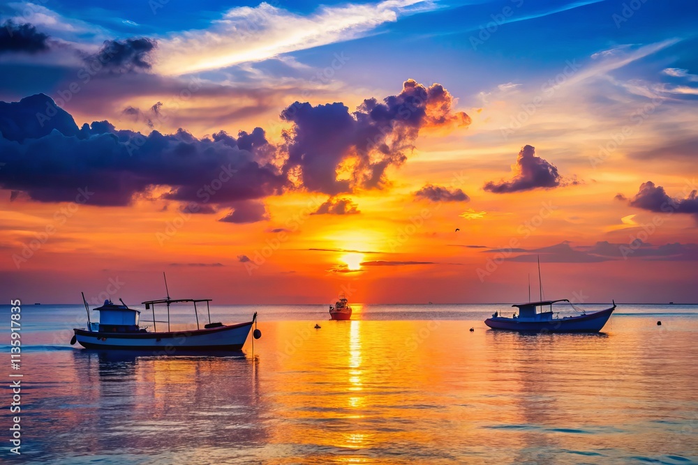 Breathtaking Sunset Over Ocean Horizon with Boats Gliding by in a Tranquil Evening Scene Captured in Stunning Night Photography for Serene Coastal Vistas Breathtaking Sunset Over Ocean Horizon with Boats Gliding by in a Tranquil Evening Scene Captured in Stunning Night Photography for Serene Coastal Vistas