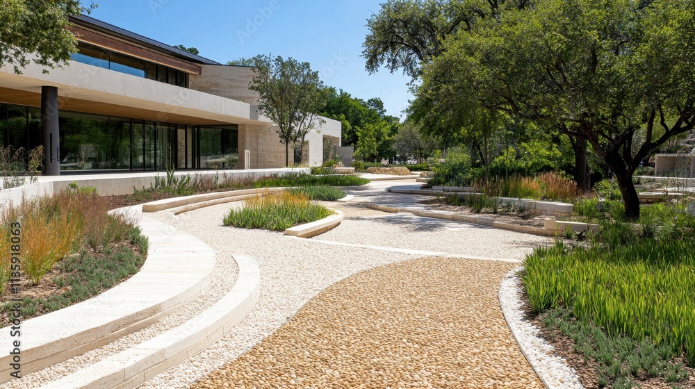 Serene Landscape with Curved Pathways and Modern Architecture Serene Landscape with Curved Pathways and Modern Architecture