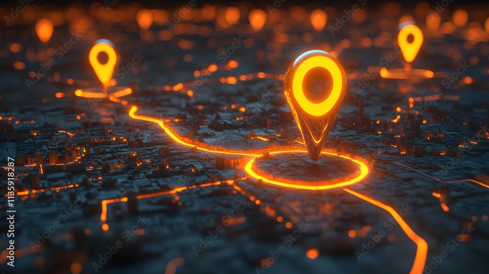 A digital map displaying a location with two pins set, representing AI technology in GPS, innovation in delivery services, and map location for future transport logistics A digital map displaying a location with two pins set, representing AI technology in GPS, innovation in delivery services, and map location for future transport logistics