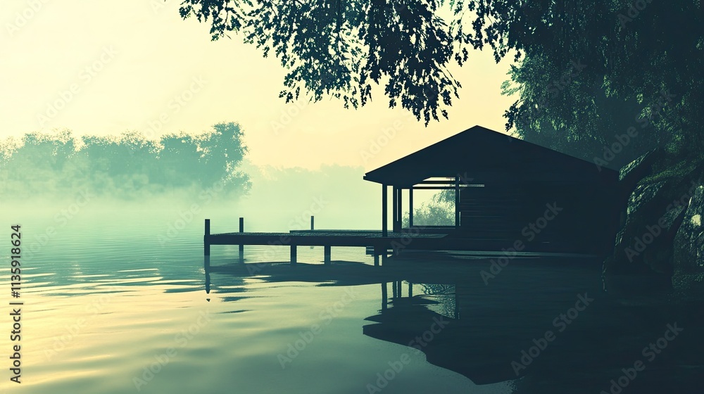 Lakeside Cabin And Dock In Misty Morning Light Lakeside Cabin And Dock In Misty Morning Light