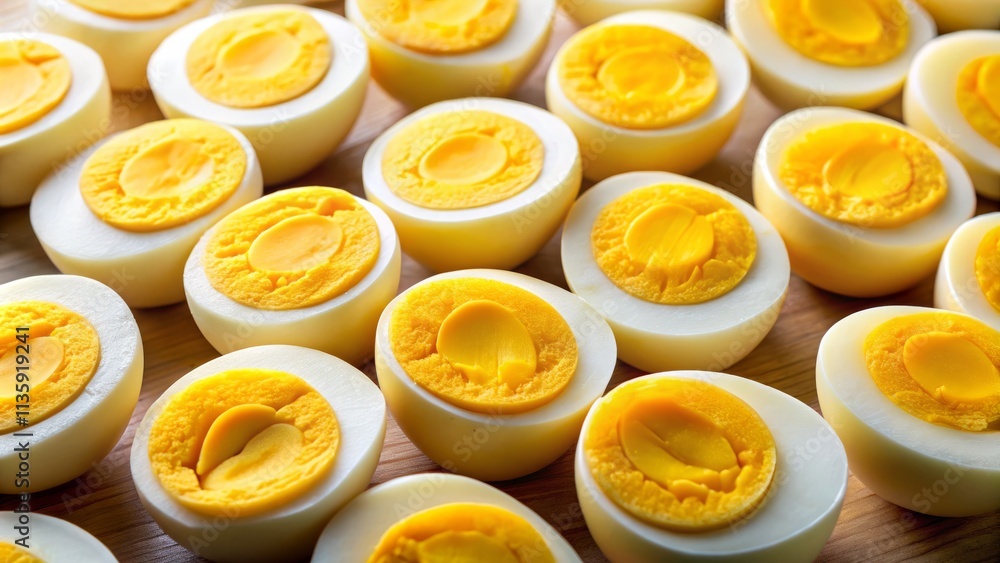Captivating Conceptual Photography of Multiple Boiled Eggs with One Expertly Sliced Egg Showcasing a Bright Yellow Yolk in a Visually Striking Arrangement Captivating Conceptual Photography of Multiple Boiled Eggs with One Expertly Sliced Egg Showcasing a Bright Yellow Yolk in a Visually Striking Arrangement