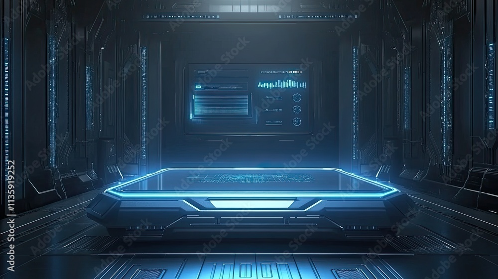Obraz premium Futuristic Platform in a Dark Tech Room Displaying Data