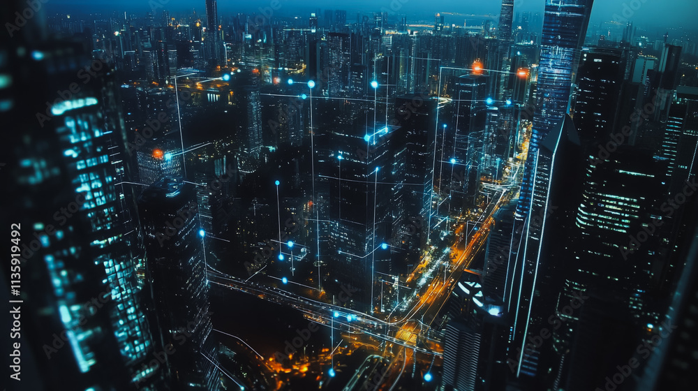 Smart digital Innovation city with connection network reciprocity over the cityscape. of future smart wireless digital city and social media networking systems that connects people with in city Smart digital Innovation city with connection network reciprocity over the cityscape. of future smart wireless digital city and social media networking systems that connects people with in city