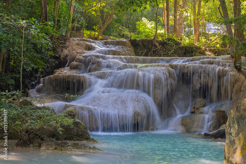 Erawan Waterfall in the rainforest in north of Kanchanaburi, Thailand