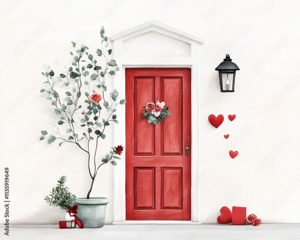 Fototapeta premium Red door with heart decorations and potted plants nearby