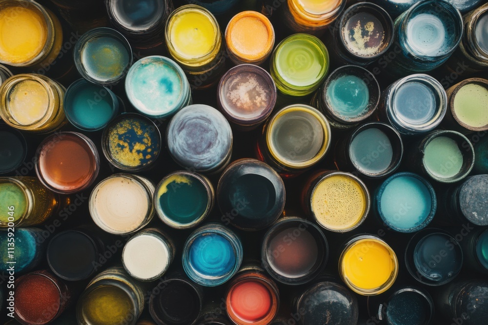 Various colored paint containers arranged closely together create a vibrant and artistic display Various colored paint containers arranged closely together create a vibrant and artistic display