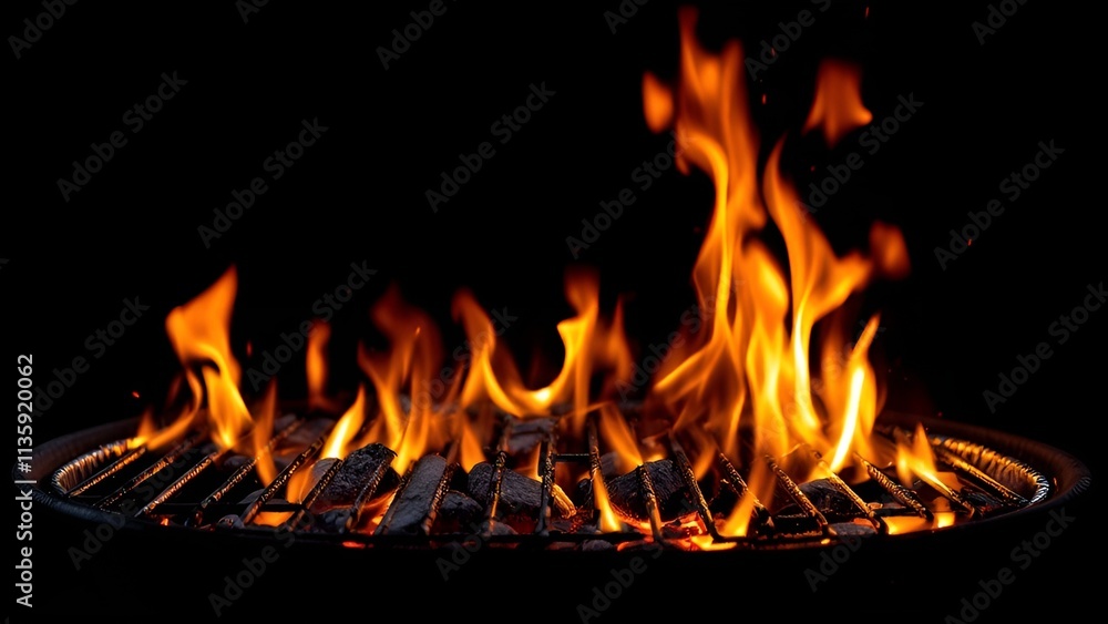 Barbecue Grill With Fire Flames - Empty Fire Grid On Black Background Barbecue Grill With Fire Flames - Empty Fire Grid On Black Background