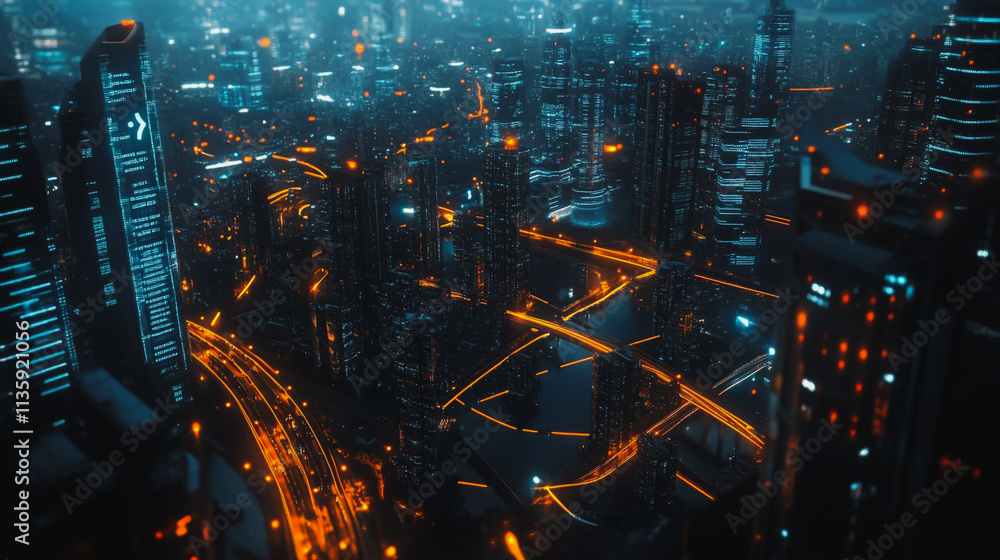 Fototapeta premium Smart digital Innovation city with connection network reciprocity over the cityscape. of future smart wireless digital city and social media networking systems that connects people with in city