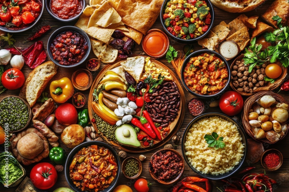 Colorful display of diverse foods in a feast featuring fresh produce and traditional dishes from various cuisines Colorful display of diverse foods in a feast featuring fresh produce and traditional dishes from various cuisines
