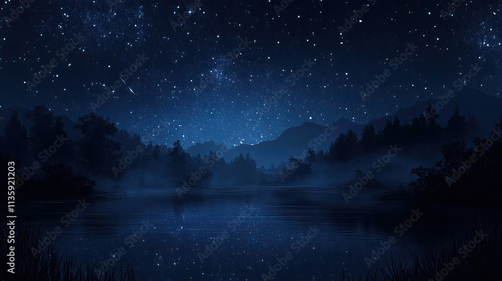Naklejka premium Serene Night Scene Lake Mountains Starscape