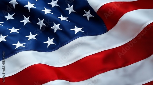 A close-up shot of an American flag, showcasing its vibrant colors and detailed textures. The flag is waving gently, capturing its dynamic essence.