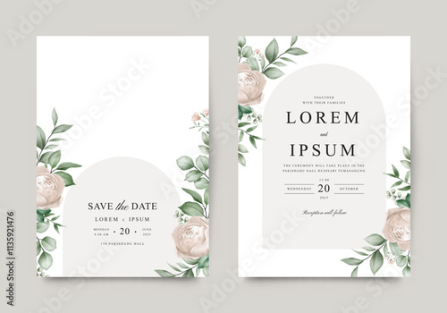 Greenery rose flowers arranged beautifully for wedding invitation template