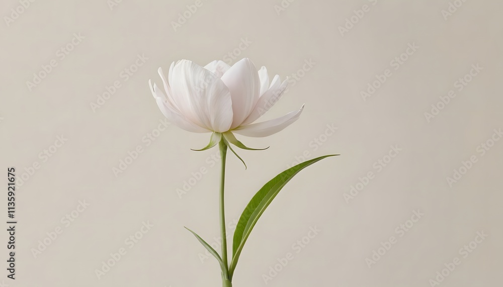 Obraz premium Elegant Single White Peony Blossom on Beige Background: A Study in Simplicity and Grace
