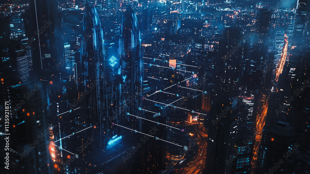 Obraz premium Smart digital Innovation city with connection network reciprocity over the cityscape. of future smart wireless digital city and social media networking systems that connects people with in city