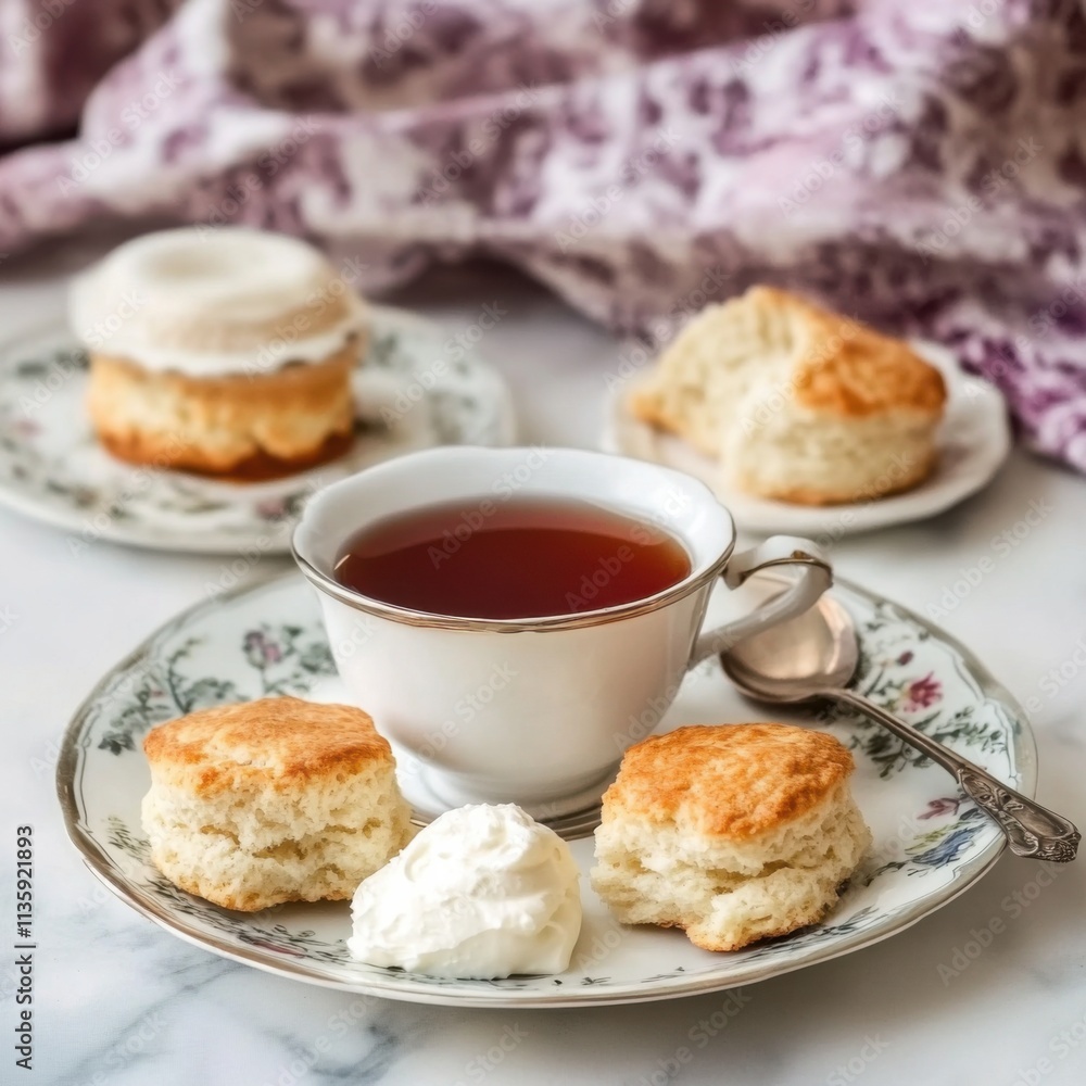 A cozy cup of Earl Grey tea accompanied by a plate of freshly baked scones with clotted cream and strawberry jam, Earl Grey tea served in a porcelain cup, Tea spoon resting on the saucer A cozy cup of Earl Grey tea accompanied by a plate of freshly baked scones with clotted cream and strawberry jam, Earl Grey tea served in a porcelain cup, Tea spoon resting on the saucer
