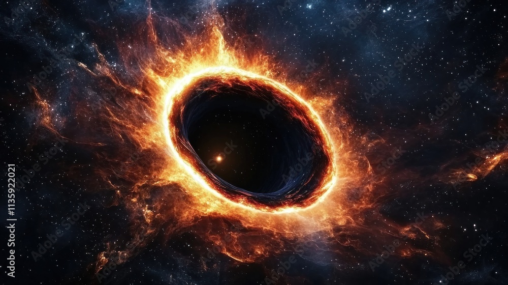 Naklejka premium A close-up view of a black holeâ€™s event horizon, with light bending and being pulled into the singularity
