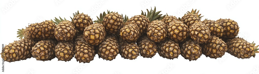 Fresh, ripe pineapples arranged on a white isolate background.