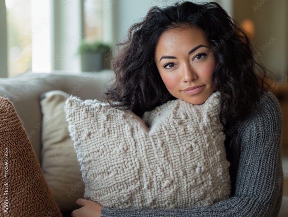 woman holding a textured pillow on a couch woman holding a textured pillow on a couch