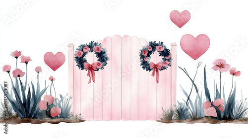 Charming pink garden gate with floral wreaths and hearts