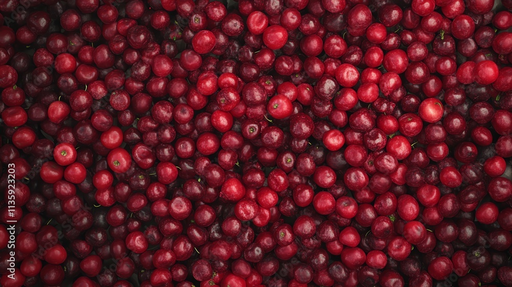 Fresh cranberries spread on a surface, vibrant red color, close-up view. Fresh cranberries spread on a surface, vibrant red color, close-up view.