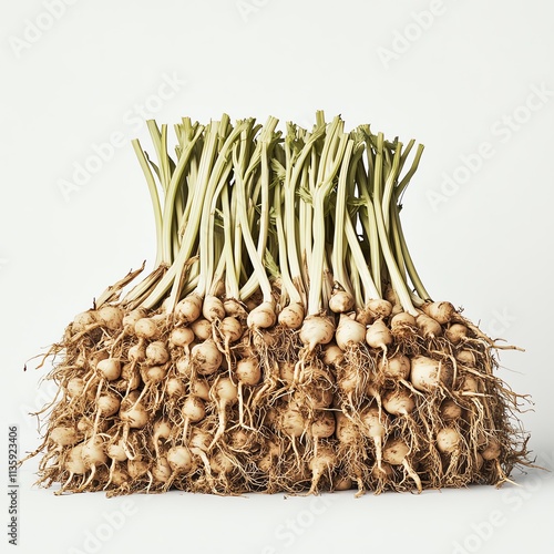 Fresh garlic bulbs with green shoots, isolated on a white background. photo