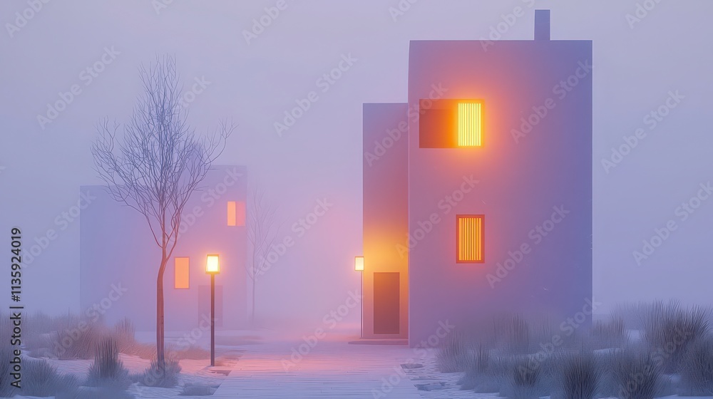 Fototapeta premium Misty Winter Evening Modern Minimalist Houses Soft Lighting