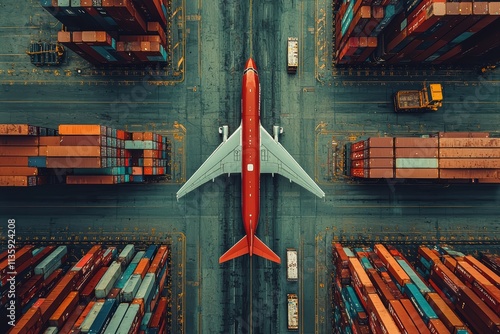 Aerial view of crossmodal freight operations with airplane overhead shipping yard high fidelity industrial scene logistics concept photo