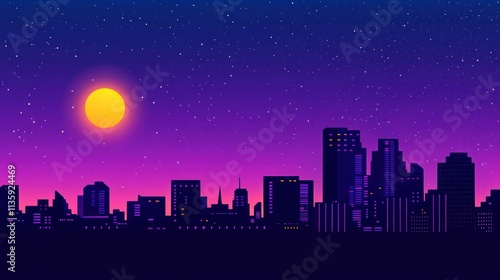 A cyberpunk city skyline at night with purple