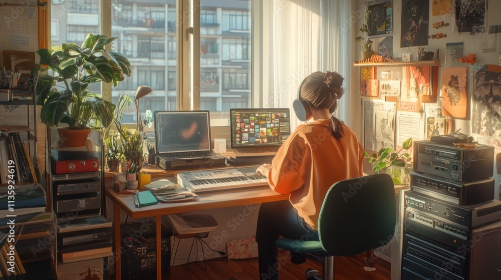 Woman works from home in sunlit room, using laptop and keyboard. Woman works from home in sunlit room, using laptop and keyboard.