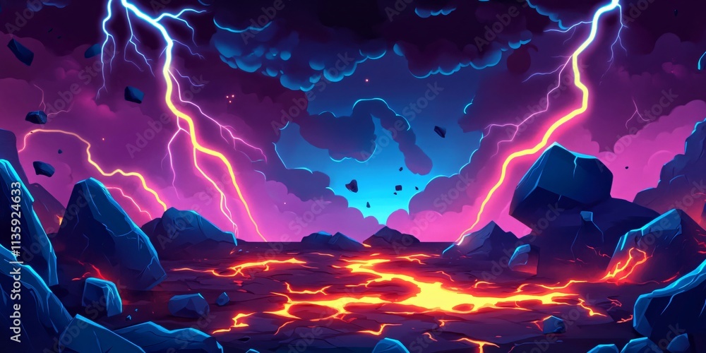 Naklejka premium Epic Fantasy Lava Landscape with Lightning Storm