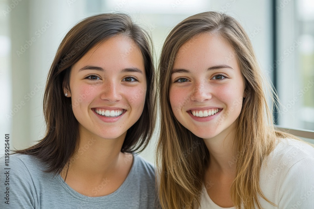 two young women smiling at the camera two young women smiling at the camera