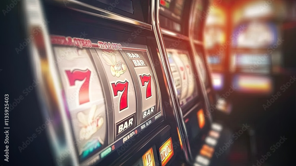 Close up view of a casino slot machine showing seven seven seven Close up view of a casino slot machine showing seven seven seven