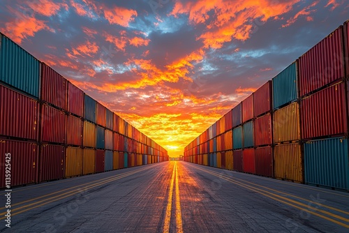 Wallpaper Mural Container stacks under twilight skies with truck shipping yard high fidelity art urban environment dramatic perspective Torontodigital.ca