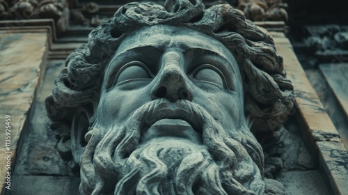 close up of a stone statue face with a beard