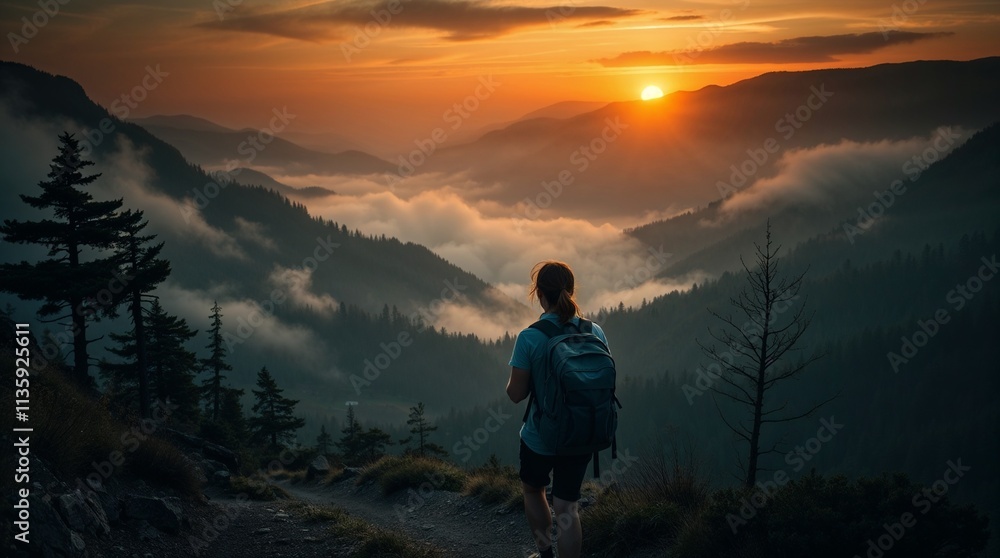 Fototapeta premium High-resolution stock photo, eerie creepy atmosphere, dark tones, unsettling details: A young couple with backpacks hikes a scenic mountain trail at sunrise, mist-covered valleys, trees, rocky terrain