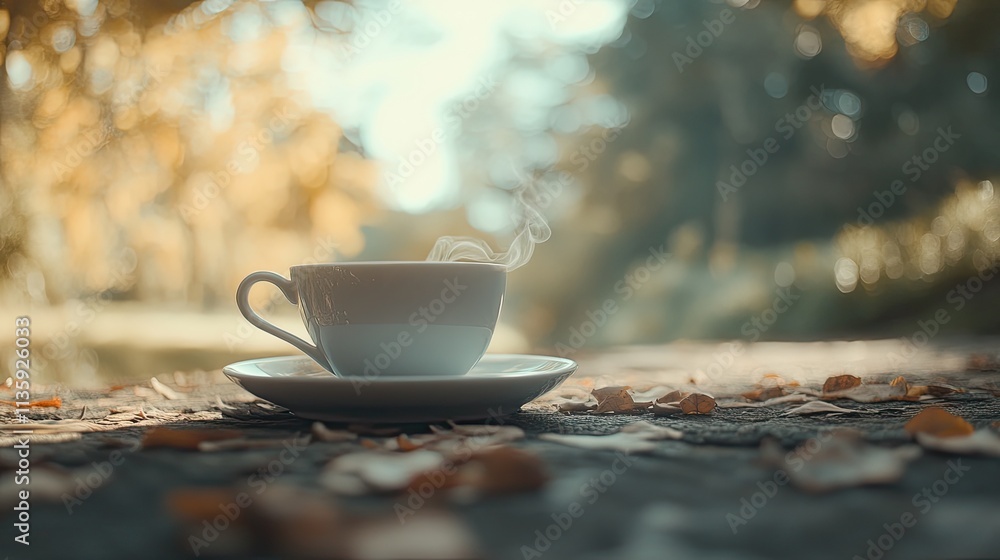 Obraz premium Steaming Coffee Cup Autumn Leaves Outdoors